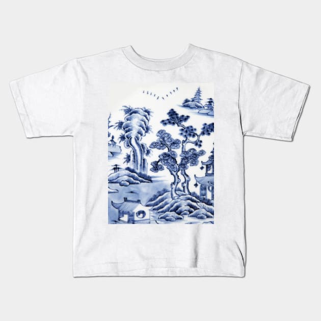 Antique willow ware oriental toile Kids T-Shirt by Closeddoor